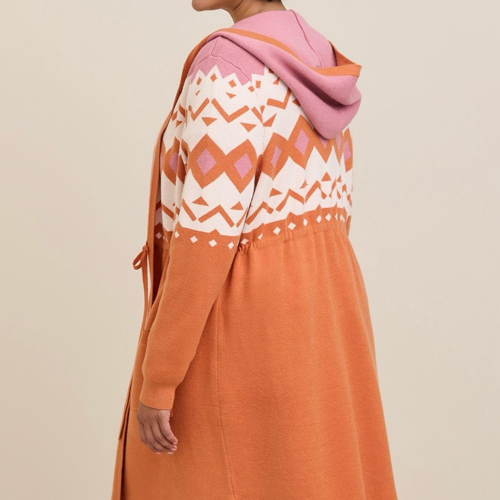 NWT Torrid Hooded Cardigan Duster Cinched Waist Orange Pink Print Boho Cozy Sz 2 - Picture 4 of 15